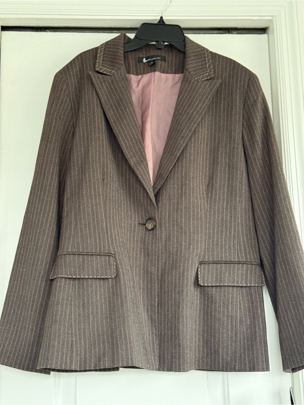 Larry Levine Brown Pinstripe Blazer with Pink Lining